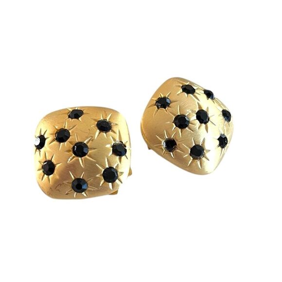Vintage Matte Gold Black Studded Clip Earrings - Picture 2 of 3